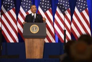 Presidente de Estados Unidos, Barack Obama, realiza una intervención en el Departamento de Justicia, en Washington